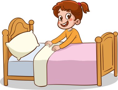 Mutlu çocuklar ev temizliği yapıyor. Çocuk yatağı topluyor..