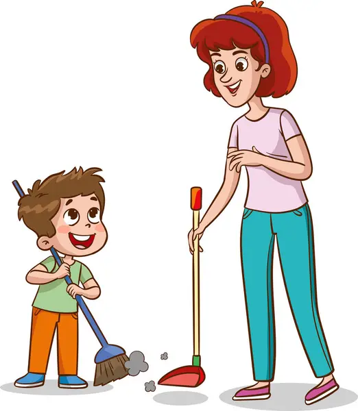 Przeczesać Podłogę Matka Syn Miotłą Czas Rodzinny Sprzątanie Domu Wektor — Wektor stockowy