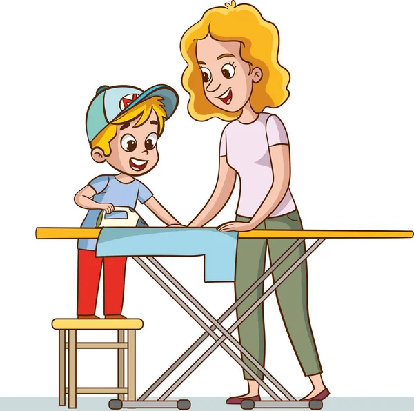 小孩帮妈妈熨烫干净衣服的病媒图解 妈妈和儿子在熨烫板上熨烫衣服 矢量说明 — 图库矢量图片