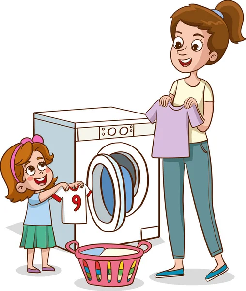 Ilustração Uma Menina Com Roupas Uma Máquina Lavar Roupa Pais — Vetor de Stock