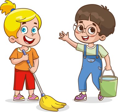 Mutlu küçük çocuklar ev işi yapıyor ve birlikte temizlik yapıyorlar.