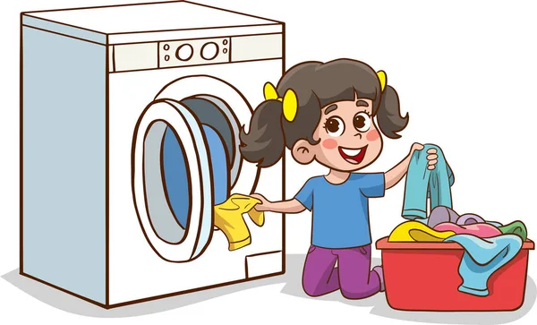 Criança Bonito Feliz Fazer Roupa Com Máquina Lavar Roupa Crianças — Vetor de Stock