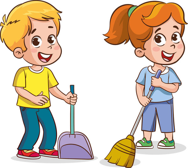 Happy little children doing housework and cleaning together