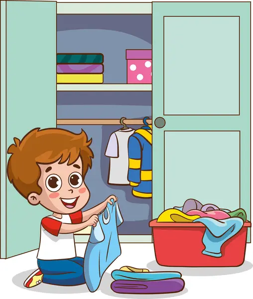 ワードローブに服を置くかわいい子供のベクターイラスト ハッピー小さな子供は家事クリーニングをしている — ストックベクタ