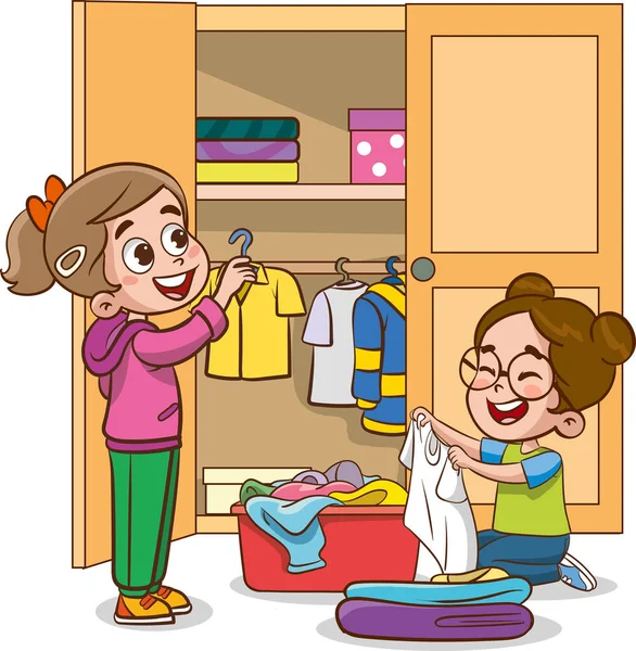 可爱的小孩把衣服放进衣橱里 快乐的小孩在做家务活 — 图库矢量图片