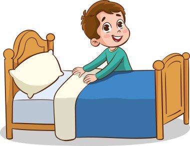 Mutlu çocuklar ev temizliği yapıyor. Çocuk yatağı topluyor..