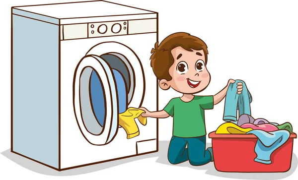 Ilustração Vetorial Criança Bonito Feliz Fazer Roupa Com Máquina Lavar — Vetor de Stock