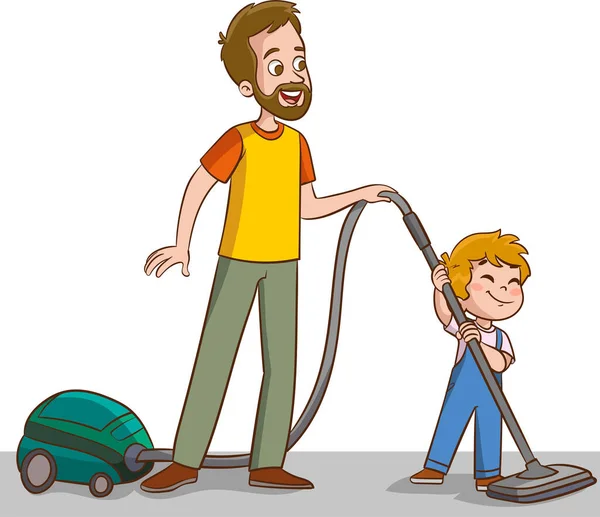 Rodzinne Prace Domowe Rodzice Dzieci Sprzątają Dom Wektor Kreskówek — Wektor stockowy