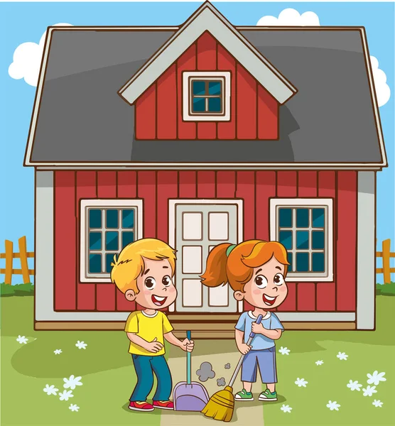 Two Kids Front House Shovel Rake Illustration — Stock Vector