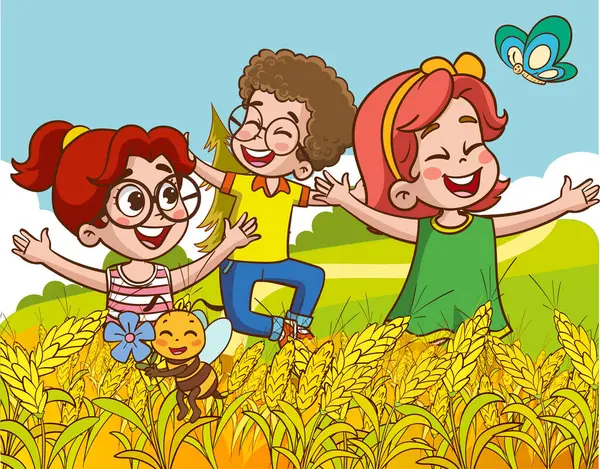 밀밭에서 즐거운 시간을 보내는 행복한 아이들 일러스트 — 스톡 벡터