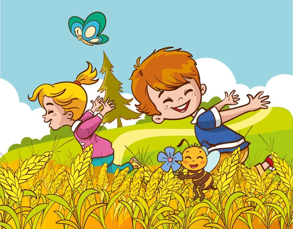 아이들은밀밭에서놀고있습니다 밀밭에서 일러스트 — 스톡 벡터
