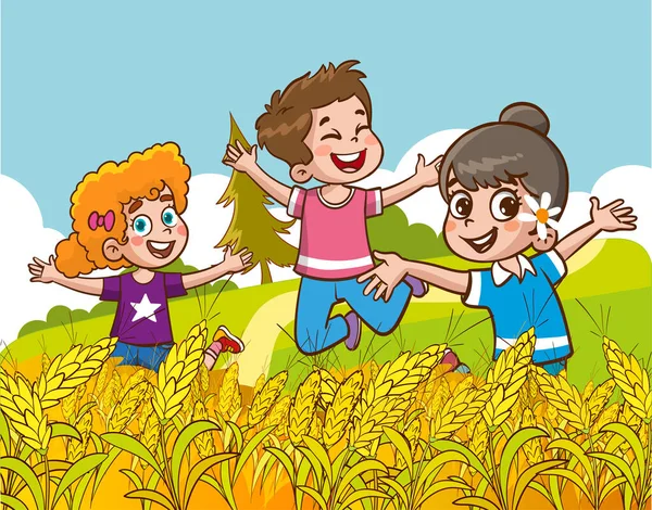 Szczęśliwe Dzieci Bawiące Się Polu Pszenicy Wektor Ilustracja Dzieci Zabawy — Wektor stockowy