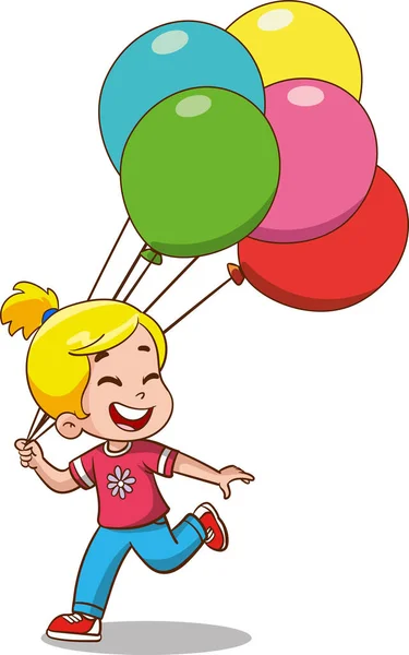Nettes Kleines Mädchen Fliegt Mit Bunten Luftballons Cartoon Illustration — Stockvektor