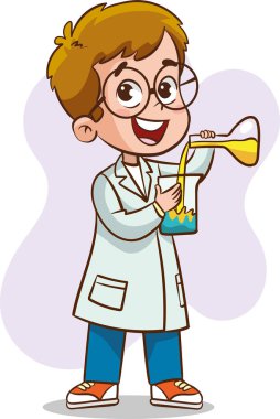 Vector illustration of a children in a lab coat and glasses holding a flask with chemical liquid clipart