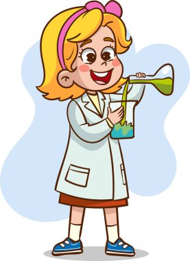 Laboratuvar önlüğü ve gözlüklü bir çocuğun kimyasal sıvıyla dolu bir matara tutmasının vektör çizimi.