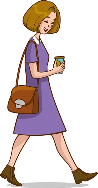 Ilustración Una Niña Caminando Con Una Bolsa Una Taza Café — Vector de stock