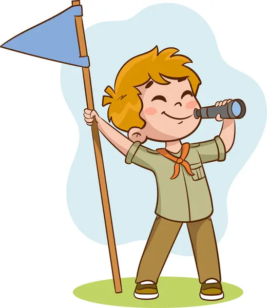 Illustration Kid Scout Holding Flag Looking Camera — Stock Vector