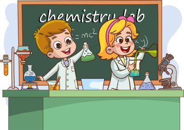 Laboratuvarda sevimli bir öğrenciyle kimya dersinin temsilcisi..