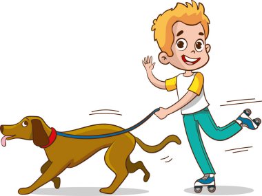 Köpekle oynayan ve seven çocukların vektör çizimi