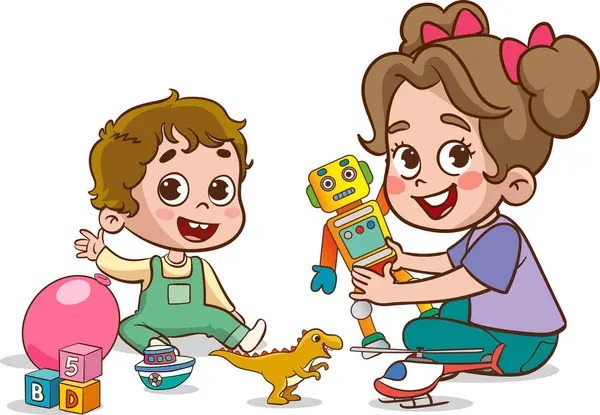 Ilustração Vetorial Crianças Brincando Com Robô Brinquedo Brinquedos — Vetor de Stock