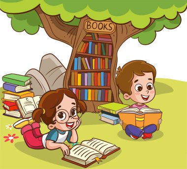 Kitap okuyucu, şirin orman hayatı ve okula geri dönüş klas vektör sahnesi. Kitap günü, akıllı hayvanlar ve çocuklar için açık hava kütüphanesi..
