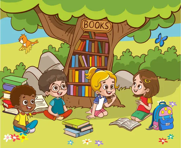 Kitap okuyucu, şirin orman hayatı ve okula geri dönüş klas vektör sahnesi. Kitap günü, akıllı hayvanlar ve çocuklar için açık hava kütüphanesi..
