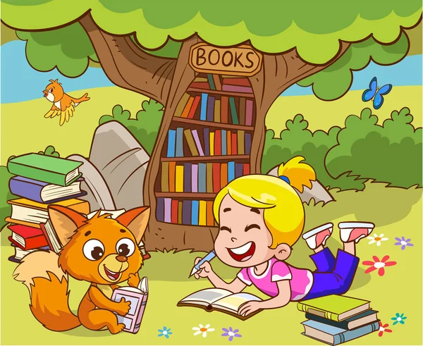 ブックリーダー かわいいウッドランドライフ そして学校の古典的なベクターシーンに戻ります スマートな動物や子供のための屋外図書館 — ストックベクタ