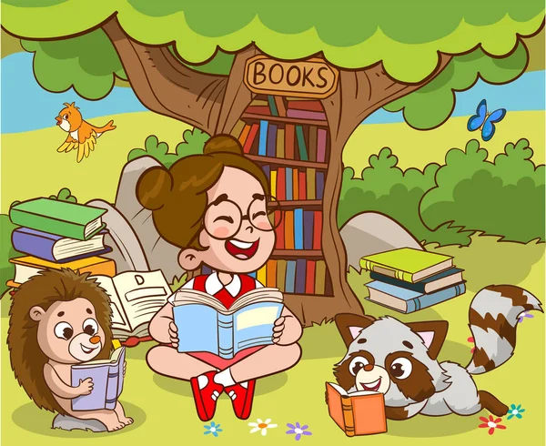 Book Reader Cute Woodland Life Back School Classy Vector Scene — Stock Vector