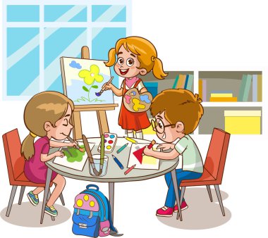  Resim dersinde çizim aktivitesi. Oğlan ve Kız Boya ve kalemlerle Resimler Çiziyor.