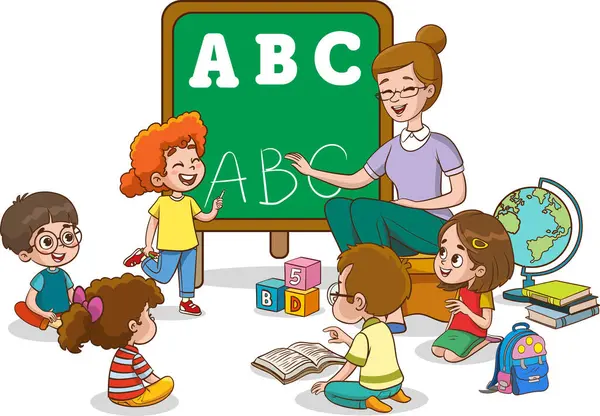 School Teacher Children Studying Classroom Vector Illustration Cartoon Teacher Educating — Stock Vector