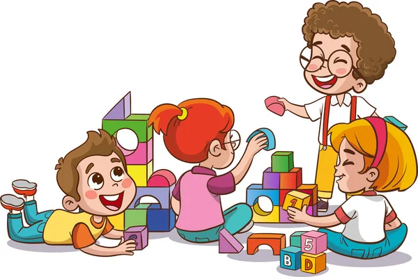幼稚园里玩玩具的可爱儿童的病媒图解 — 图库矢量图片