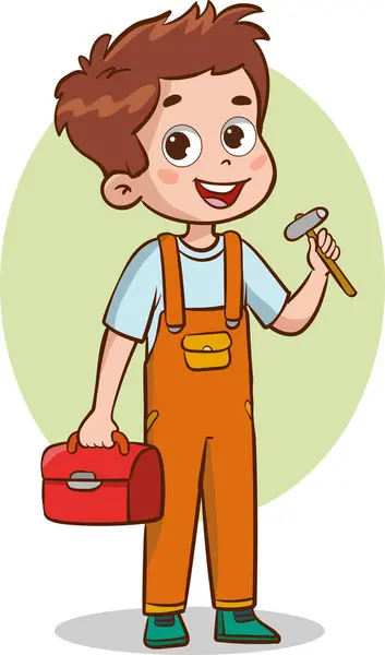 Ilustracja Wektorowa Chłopca Mechanika Trzymającego Skrzynkę Narzędziową Młotek — Wektor stockowy