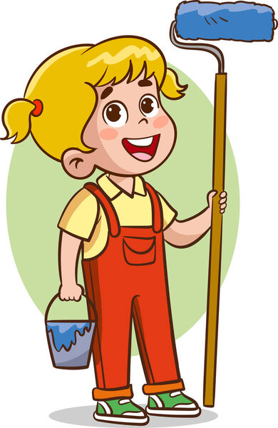 vector illustration of Cute Little kid Holding a Paint Roller