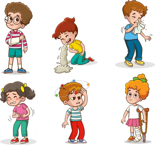 Vector Illustratie Van Kinderen Ziek Ongezond Kind Met Influenza Loopneus — Stockvector