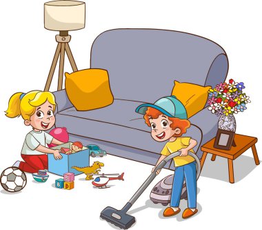 Çizgi film karakteri ile kızın oturma odasını elektrikli süpürgeyle temizlemesinin vektör çizimi.