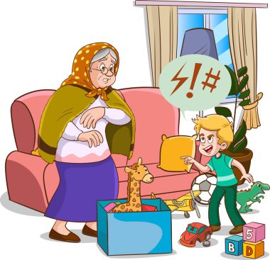 Çizgi film çizimleri kızgın çocuk ve arkadaşları birbirleriyle tartışıyor.