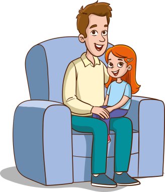 Baba ve kızı koltukta oturuyor. Çizgi film ailesinin vektör illüstrasyonu.