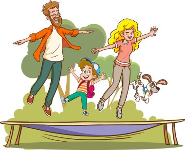 Mutlu aile. Trambolinde zıplayan ailenin vektör çizimi.