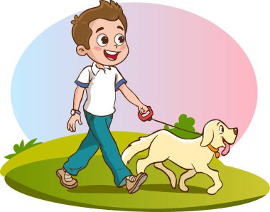 Köpekle oynayan ve seven çocukların vektör çizimi