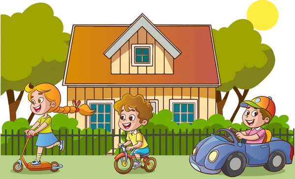 Children Playing Yard House Cartoon Style Vector Illustration — Stock Vector