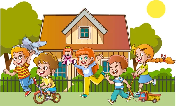 Children Playing Yard House Cartoon Style Vector Illustration — Stock Vector