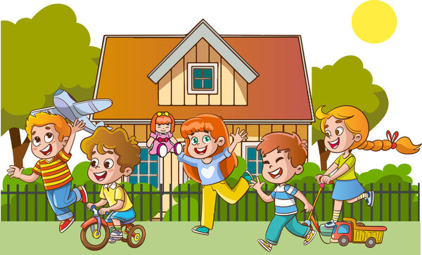 Children Playing in the Yard of Their House Cartoon Style Vector Illustration