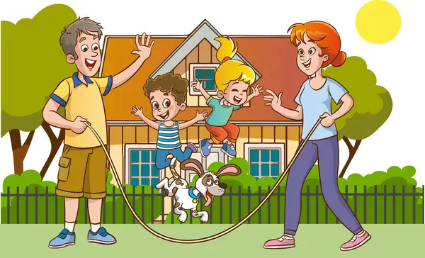 Happy Family Playing Jumping Rope Front House Vector Illustration — Stock Vector