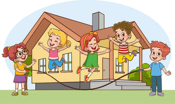 Gelukkige Kleine Kinderen Die Plezier Hebben Vector Illustratie Van Schattige — Stockvector