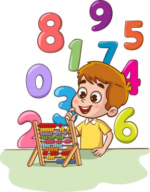 Abaküsü ve sayıları olan bir çocuk. Matematik öğrenen bir çocuğun vektör illüstrasyonu.
