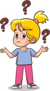 Beyaz arka planda soru işaretleri olan çizgi film çocuğu. Vektör illüstrasyonu.