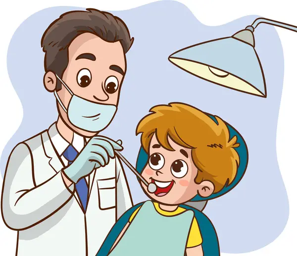 Wektor Ilustracja Słodkie Chłopiec Jest Badany Dentysta — Wektor stockowy