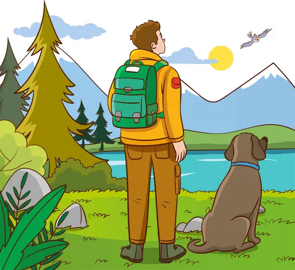 Hiker Backpack Dog Park Vector Illustration — Stock Vector