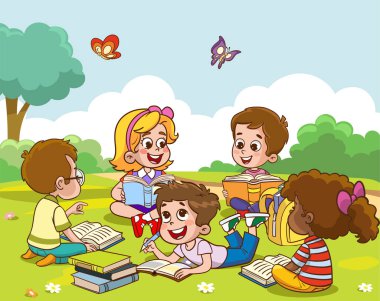 Doğada Kitap okuyan çocukların vektör illüstrasyonu