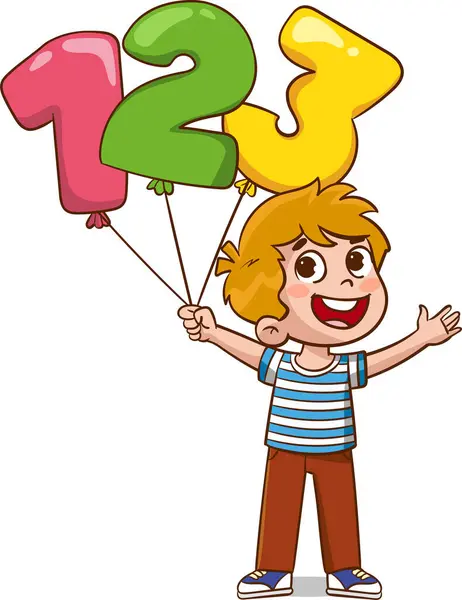 Cartoon Vector Illustration Boy Holding Colorful Balloon 123 Number — Stock Vector